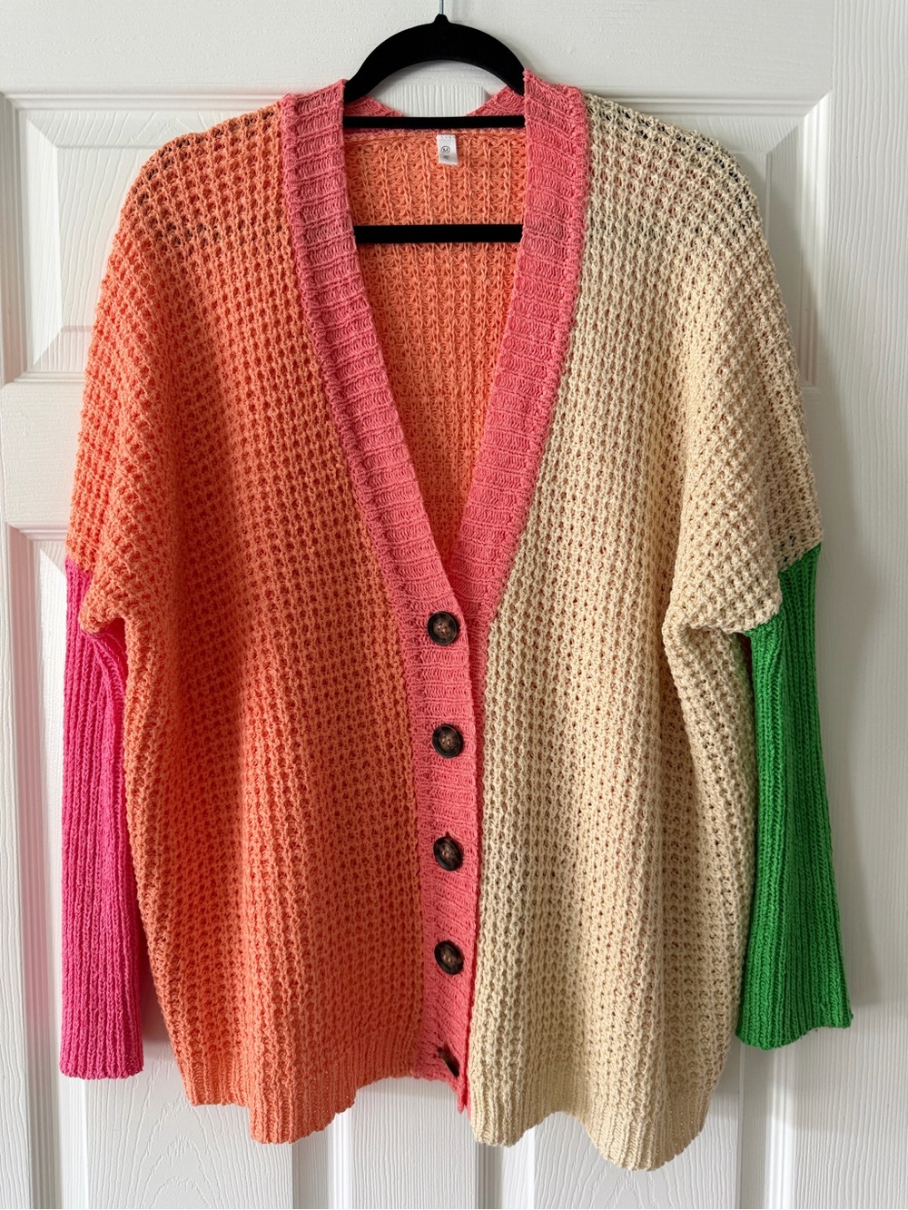 Wishlist Colorblock Button-Up Cardigan in Coral, Cream, Pink & Green